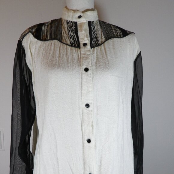 Vintage Women's Shirt Sas'sa Black and White with Sheer Black Sleeves L-XL - Picture 2 of 5